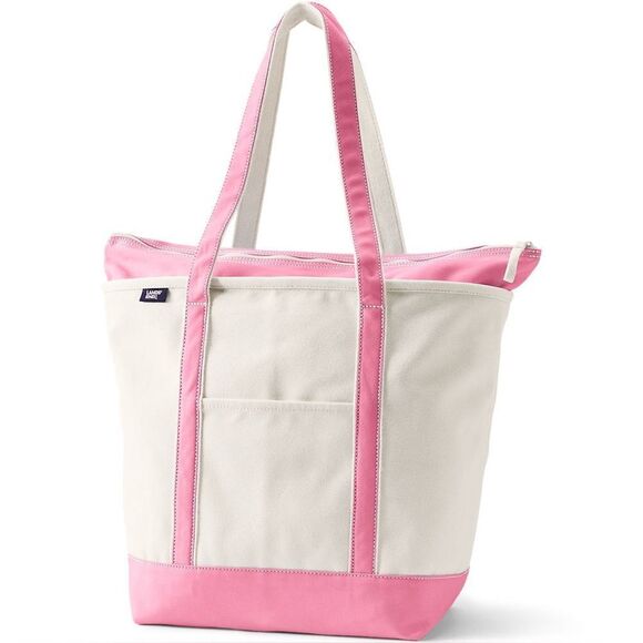 Land's End Large Zippered Canvas Tote pockets Pink Trim initials Pai Long Handle - Picture 8 of 10